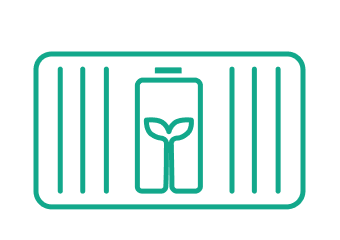 Das Icon zeigt eine Batterie, in der eine kleine Pflanze wächst, darum herum ein Container. Es steht für Kompetenz im Bereich Engineering & Realisierung.