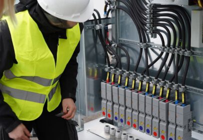 Mitarbeiter der TRICERA energy vor Schaltungen eines Batteriespeichers